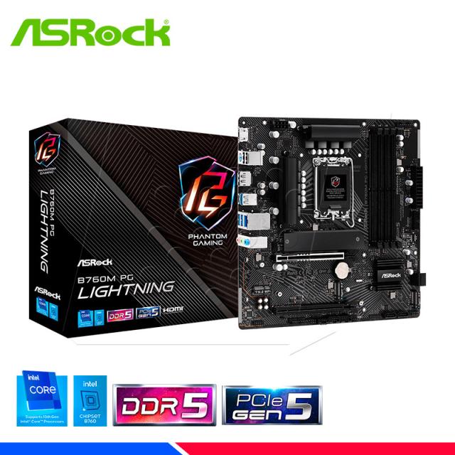 Дънна платка ASRock B760M PG Lightning WiFi, B760, LGA1700, DDR5, PCI-E 5, AMD CrossFire, 4x SATA 6Gb/s, 3x M.2, 3x USB 3.2 Gen 1, 1x USB 3.2 Gen 1 Type-C, Wi-Fi 6E, Bluetooth, HDMI, DP, Micro ATX