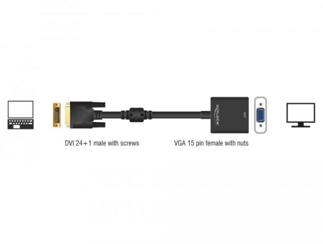 Адаптер DeLock, DVI-D 24+1 мъжко към VGA женско, Черен
