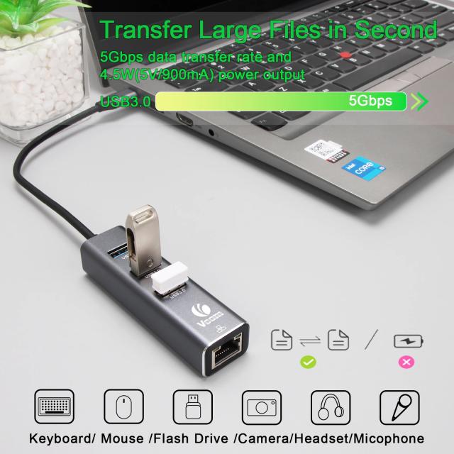 Мултипортов адаптер VCom USB Type-C към USB 3.0 x 3 + LAN