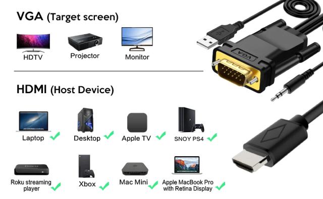 Кабел VCom VGA (м) към HDMI (м), 1.8m