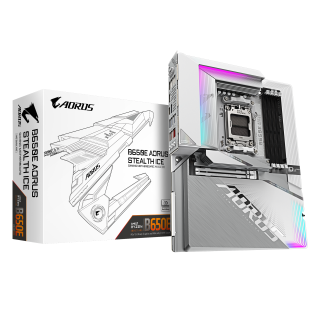 Дънна платка Gigabyte B650E Aorus Stealth Ice, B650, AM5, DDR5, PCI-E 5.0, 4x SATA 6Gb/s, 3x M.2, 2x USB 3.2 Gen 2 Type-A, Wi-Fi 7, Bluetooth, HDMI, DP, ATX
