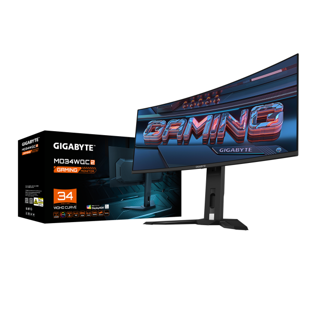 Гейминг монитор GIGABYTE MO34WQC2, 34" (86.36 cm) WQHD QD-OLED, 240Hz, 0.03ms, HDR 400, 2x HDMI, DP, USB, USB Type-C 