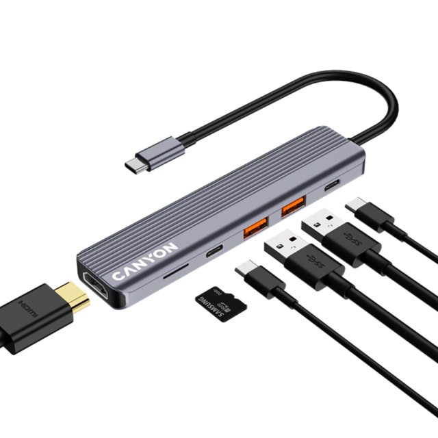 CANYON хъб/четец на карти, 6in1, 4k, USB-C, Grey