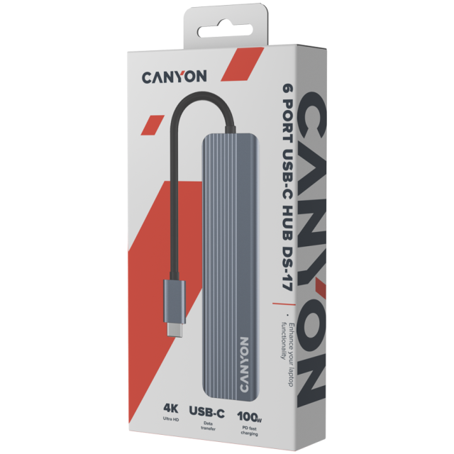 CANYON хъб/четец на карти, 6in1, 4k, USB-C, Grey