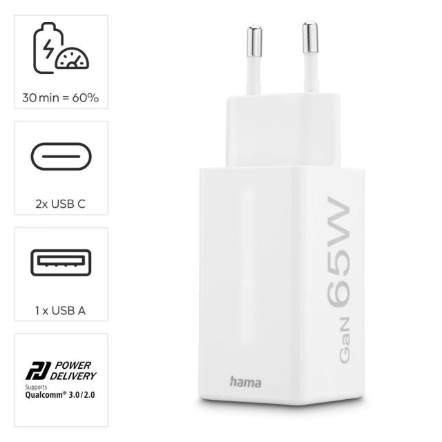 HAMA Бързо мини зарядно, 1x USB-A, 2x USB-C, 65W