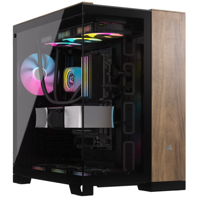 Кутия Corsair Corsair 6500X Tempered Glass Mid-Tower, Black/Walnut Wood, 1x USB 3.2 Gen 2 Type-C, 4x USB 3.2 Gen 1 Type-A, Mini-ITX, Micro-ATX, ATX, E-ATX 