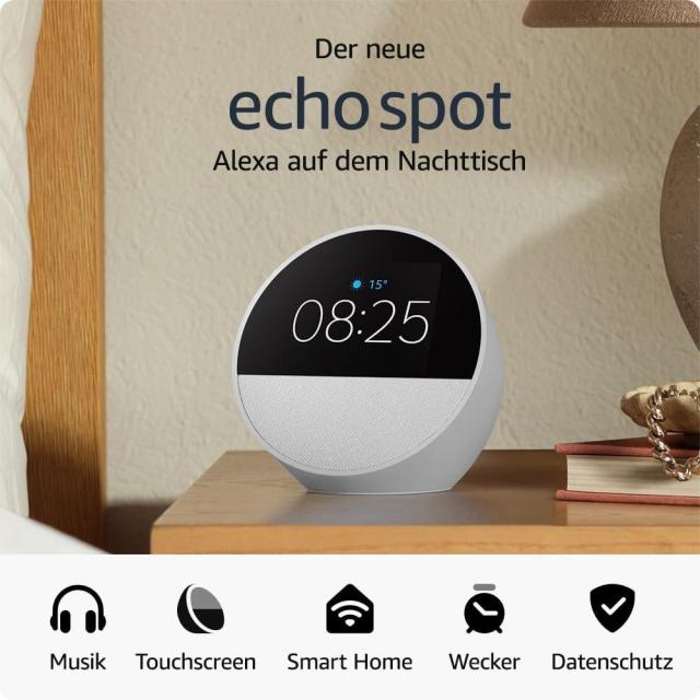 Смарт часовник Amazon Echo Spot 2024, Bluetooth/Wireless, Alexa асистент, Бял