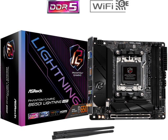 Дънна платка ASROCK B650I LIGHTNING WIFI, AM5, 2x DDR5, 1x PCIe 4.0, 2x M.2, 2x SATA 6Gb/s, Wi-Fi 6E, HDMI, Mini-ITX