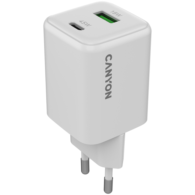 Зарядно CANYON CU65ACC GaN 1 x USB Type-C, 1 x Type-A, 45W, White