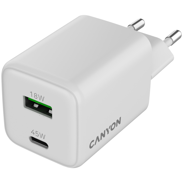 Зарядно CANYON CU65ACC GaN 1 x USB Type-C, 1 x Type-A, 45W, White