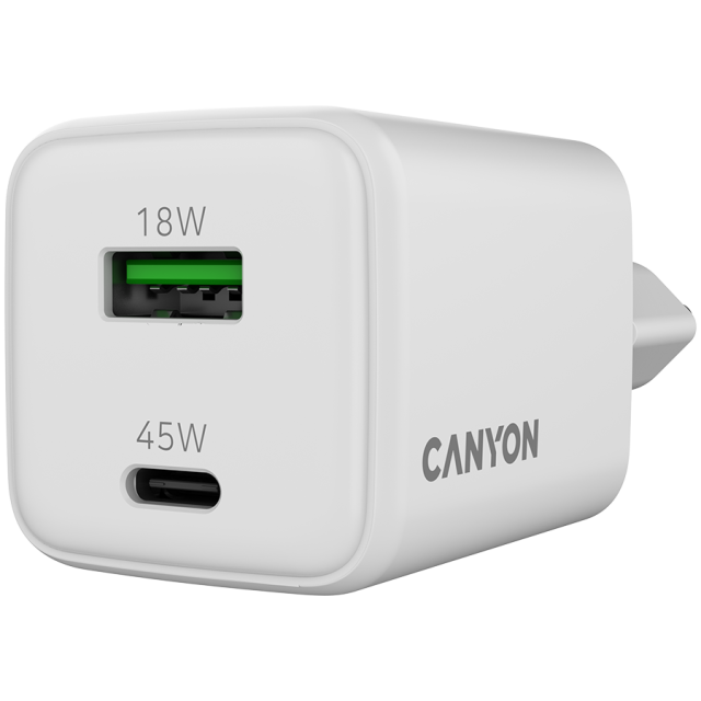 Зарядно CANYON CU65ACC GaN 1 x USB Type-C, 1 x Type-A, 45W, White