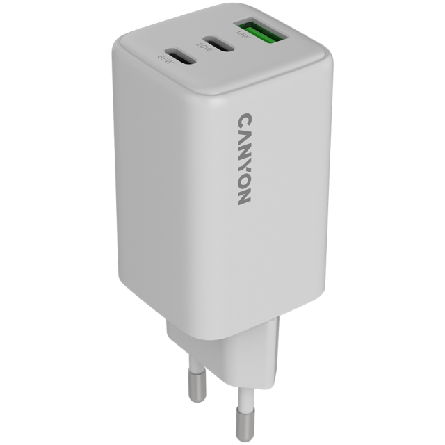 Зарядно CANYON CU65ACC GaN 2 x USB Type-C, 1 x Type-A, 65W, White