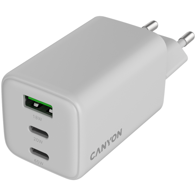 Зарядно CANYON CU65ACC GaN 2 x USB Type-C, 1 x Type-A, 65W, White