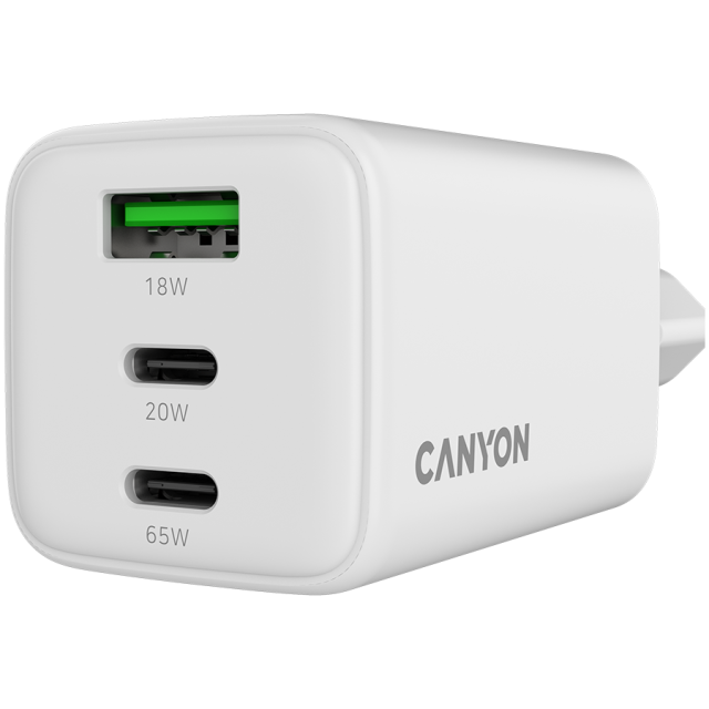 Зарядно CANYON CU65ACC GaN 2 x USB Type-C, 1 x Type-A, 65W, White