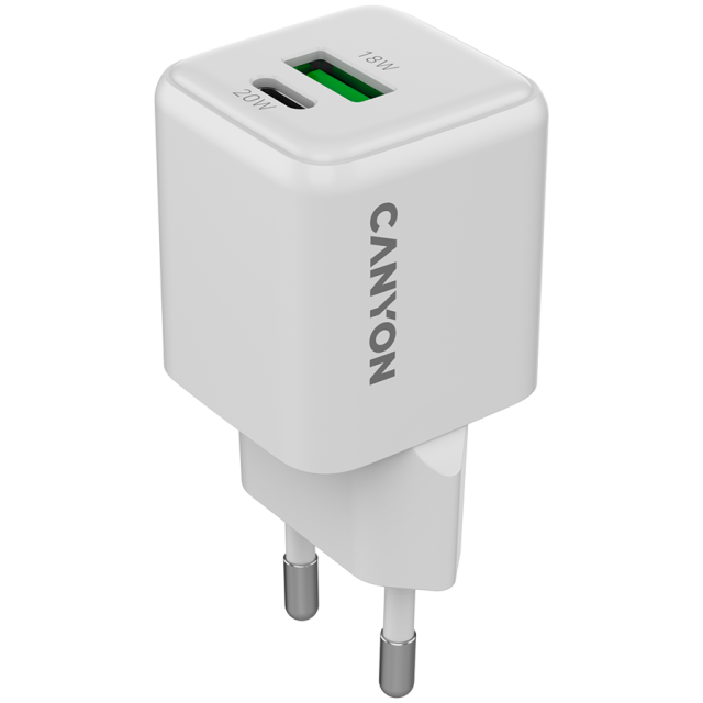 Зарядно CANYON CU20AC GaN 20W, USB-A/USB Type-C White