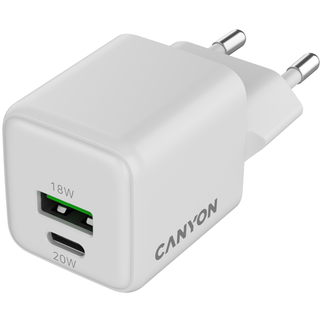 Зарядно CANYON CU20AC GaN 20W, USB-A/USB Type-C White