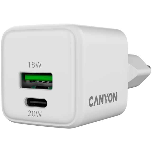 Зарядно CANYON CU20AC GaN 20W, USB-A/USB Type-C White