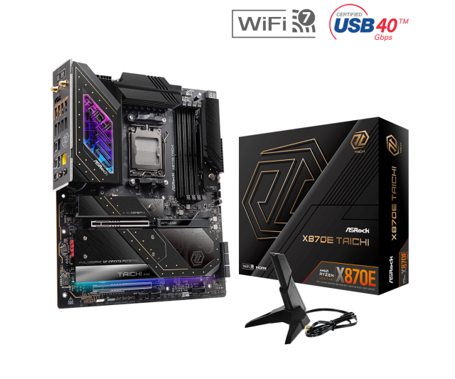 Дънна платка ASROCK X870E TAICHI Wi-Fi 7, AM5, 4xDDR5, PCIe 5.0, 3xM.2, 6xSATA, Type-C, HDMI, EATX