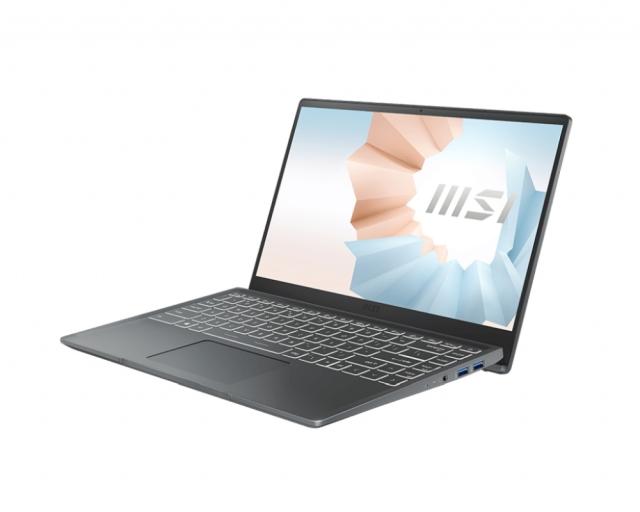 Лаптоп MSI Modern 14 B11MO, i3-1115G4 (up to 4.1 Ghz, 6MB), 14" FHD 1920x1080, IPS-Level, AG, Iris Xe GPU, 8GB DDR4 3200 (1x8, 2 slots, up to 64GB), 512GB PCIe GEN3x4 SSD, Windows 10 Home, backlight KB White, HD Webcam, Wi-Fi 6, MIL-810G, 2Y, Carbon 