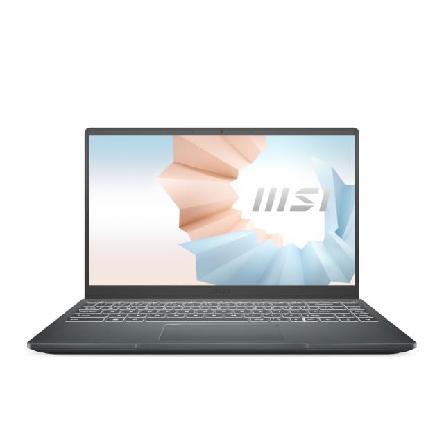 Лаптоп MSI Modern 14 B11MO, i3-1115G4 (up to 4.1 Ghz, 6MB), 14" FHD 1920x1080, IPS-Level, AG, Iris Xe GPU, 8GB DDR4 3200 (1x8, 2 slots, up to 64GB), 512GB PCIe GEN3x4 SSD, Windows 10 Home, backlight KB White, HD Webcam, Wi-Fi 6, MIL-810G, 2Y, Carbon 