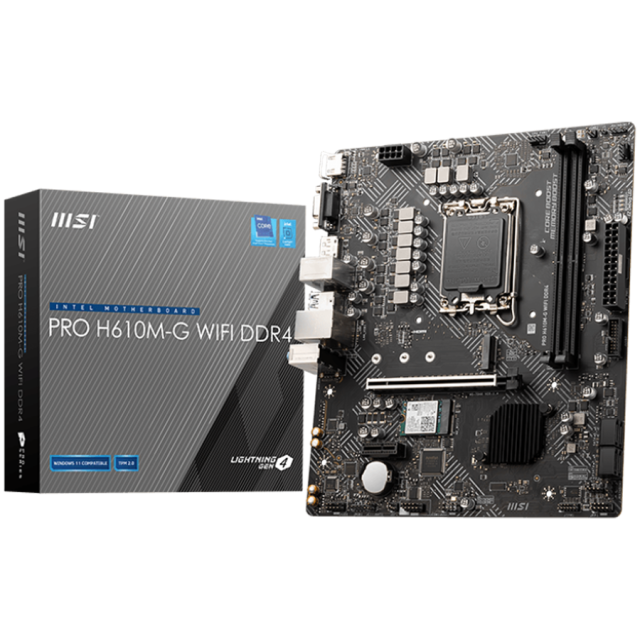 Дънна платка MSI PRO H610M-G WIFI6Е DDR4, H610, LGA1700, DDR4, PCI-E 4.0, 1x M.2 slot, 4x SATA 6Gb/s, 4x USB 3.2 1.5Gbps, 6x USB 2.0, mATX