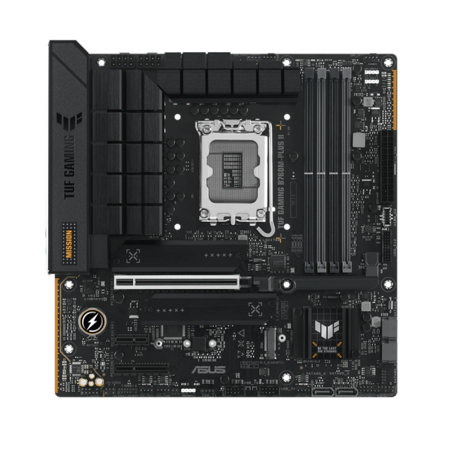 Дънна платка Asus TUF GAMING B760M-PLUS II, B760, LGA1700, DDR5, PCI-E 5.0, 4x SATA 6Gb/s, 3x M.2 slots, 1x USB 3.2 Gen 2x2 Type-C, 1x USB 3.2 Gen 2, HDMI, DP, mATX