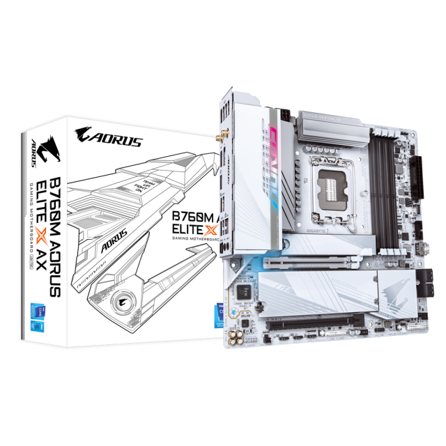 Дънна платка GIGABYTE B760M AORUS ELITE X AX, B760, LGA 1700, 4 x DDR5, 2 x M.2, 4 x SATA 6Gb/s, Wi-Fi, Bluetooth, HDMI, DP, Micro ATX