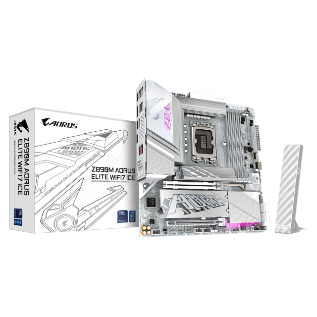 Дънна платка GIGABYTE Z890M AORUS ELITE WIFI 7 ICE, LGA 1851, 4 x DDR5, 3 x M.2, 4 x SATA 6Gb/s, Wi-Fi 7, Bluetooth, HDMI, DP, ATX