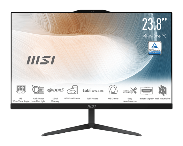 Kомпютър MSI MODERN AM242 All-In-One, Intel Core i3 100U 6C (1.20/4.70 GHz, 10M Cache), 23.8" (60.45cm) Full HD IPS LED Anti-Flicker technology, 8GB DDR5, 256GB M.2 NVMe, Windows 11 Pro