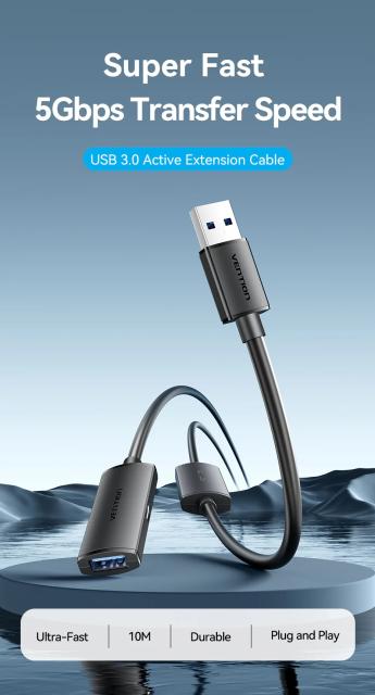 Кабел Vention USB 3.0 AM / AF Active Extension Cable Black, 5m.