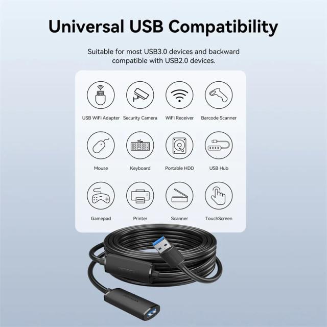 Кабел Vention USB 3.0 AM / AF Active Extension Cable Black, 5m.