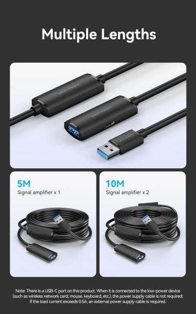 Кабел Vention USB 3.0 AM / AF Active Extension Cable Black, 5m.