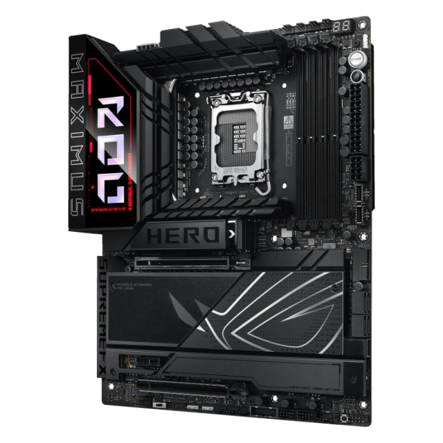 Дънна платка ASUS ROG MAXIMUS Z890 HERO, LGA1851, 4 x DDR5, 6 x M.2 NVMe, 4 x SATA 6Gb/s, 1 x SlimSAS, Wi-Fi 7, Bluetooth v5.4, 2 x LAN, HDMI, ATX