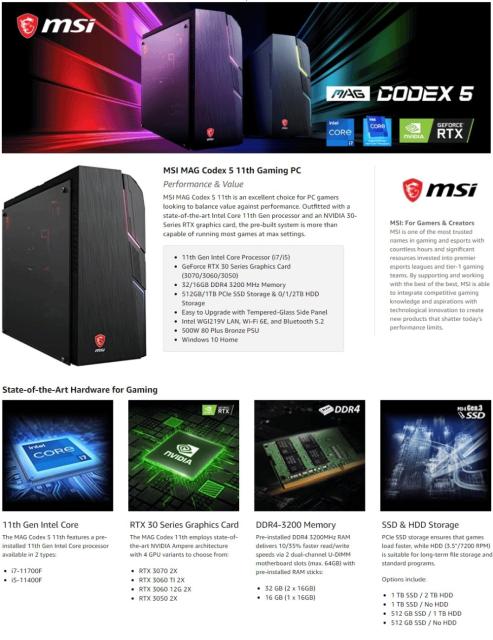 Настолен компютър MSI MAG CODEX 5 11TC-460EU, Nvidia RTX 3060 12G 2X, i5-11400F (6C/12T, up to 4.40 GHz, 12 MB), Fan Cooler, 16GB U-DIMM DDR4 3200 (16Gx1), 512G PCIE SSD, WIFI 6E, Windows 10 Home, 500W ATX, 2 Year Warranty