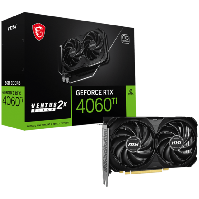 Видео карта MSI NVIDIA GeForce RTX 4060 Ti 8G VENTUS 2X BLACK E1 OC, 8GB GDDR6, 128bit, HDMI, 3x DP