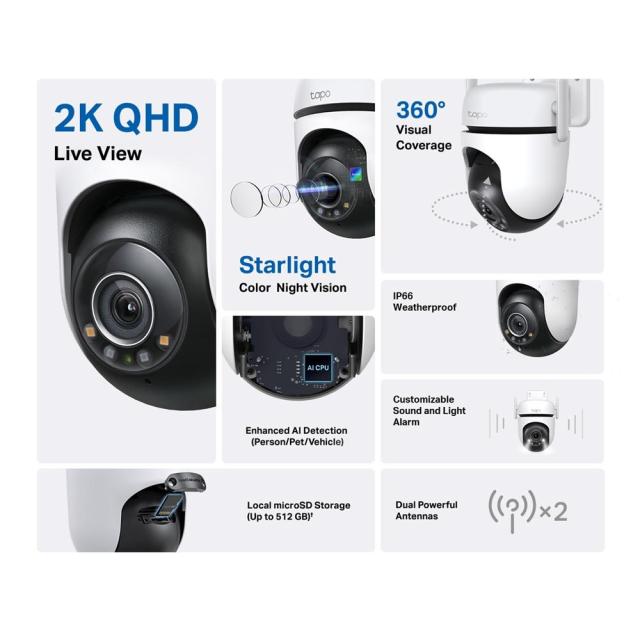 IP камера TP-LINK Tapo C520WS, Pan/Tilt камера, 360°, 4Mp, IR осветеност, външна, IP66, Wi-Fi, microSD