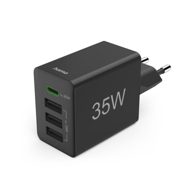 HAMA Мини Зарядно 35 W, 1x USB-C PD, 3x USB-A, Черно