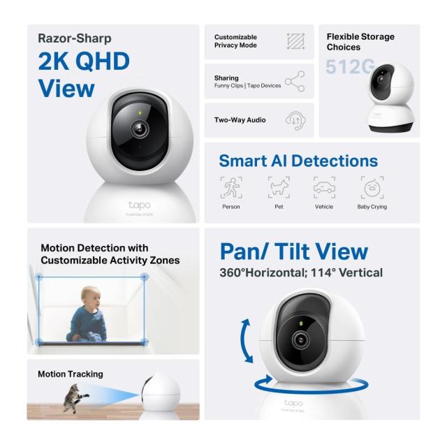 IP камера TP-Link Tapo C220, Pan/Tilt камера, 360°, 4Mpix, H.264, IR осветеност (до 9m), Wi-Fi, MicroSD слот до 512GB, микрофон и високоговорител