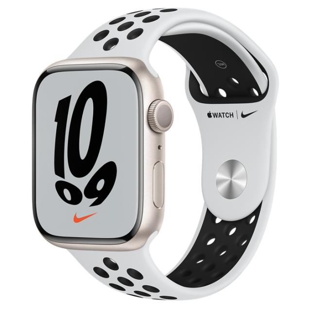 Часовник Apple Watch Nike Series 7 GPS, 45mm Starlight Aluminium Case with Pure Platinum/Black Nike Sport Band - Regular