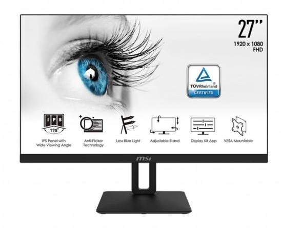 Монитор MSI PRO MP271P, 27", IPS, 5ms, FHD 1920x1080, Exclusive Display Kit, Anti-Glare, Less Blue Light, Anti-Flicker, Speakers 2x2W, HDMI (Up to 75Hz), VGA, Mic-in, Headphone out, 1000:1, 250 cd/m2, Tilt, Heigh. Adj., VESA 100, 9S6-3PA2AT-019