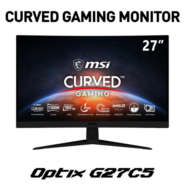 Монитор MSI Optix G27C5, 27'', VA, 165Hz, 1ms, FHD 1920x1080, Curve 1500R, FreeSync, Anti-Flicker, Less Blue Light, True colors, Anti-Glare, Frameless, 250 cd/m, Contrast 3000:1, DCR 100M:1, 1xDP, 2xHDMI, 1xEarphone out, VESA, Tilt, 36M, 9S6-3CA91T-0