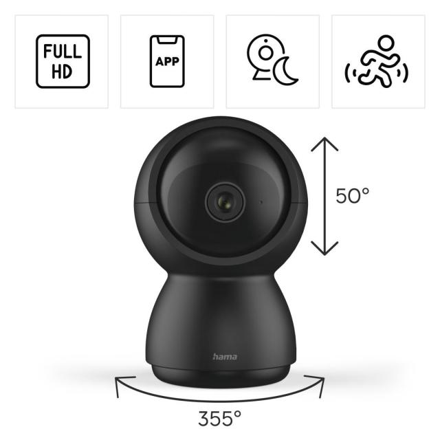 IP камера HAMA WiFi, 1080p, MicroSD, за закрити помещения, въртяща се, сензор за движение, черна