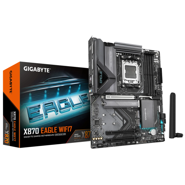 Дънна платка GIGABYTE X870 EAGLE WIFI7, AM5, 4x DDR5, PCIe 5.0, 3x M.2 NVMe, 4x SATA 6Gb/s, Wi-Fi 7, BLUETOOTH 5.4, HDMI, ATX