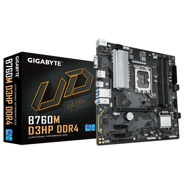 Дънна платка GIGABYTE B760M D3HP, LGA1700, 4x DDR4, 4x SATA 6Gb/s, 2x m.2 NVMe, VGA, HDMI, DP, mATX