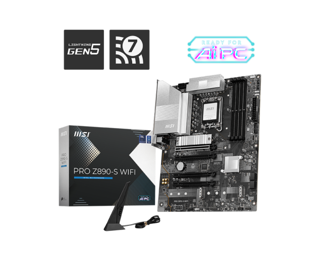 Дънна платка MSI PRO Z890-S WIFI, LGA1851, 4x DDR5, PCIe 5.0, 3x M.2 NVMe, 4x SATA 6G, 1x HDMI, 1x DP, 1x Type-C DisplayPort, Wi-Fi 7, ATX