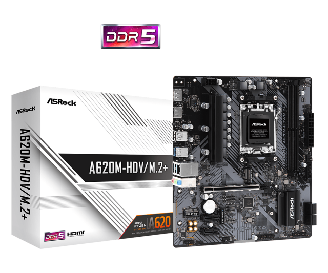 Дънна платка ASRock A620M-HDV/M.2+, A620, AM5, 2x DDR5, PCIe 4.0, 2x M.2, 4x SATA 6Gb/s, HDMI, DP, Micro ATX