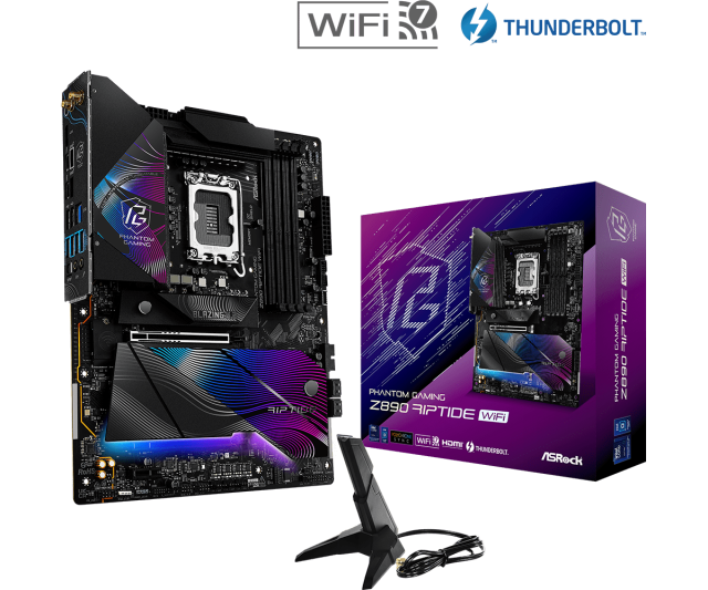 Дънна платка ASRock Z890 RIPTIDE WIFI, LGA1851, 4 x DDR5, PCIe 5.0, 1 x Blazing M.2 NVMe, 4 x Hyper M.2 NVMe, 4 x SATA3 6.0 Gb/s, Wi-Fi 7, Bluetooth 5.4, HDMI, ATX