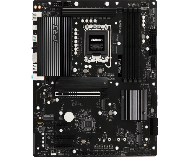 Дънна платка ASRock Z890 Pro-A, LGA1851, 4 x DDR5, PCIe 5.0, 1 x Blazing M.2 NVMe, 3 x Hyper M.2 NVMe, 4 x SATA3 6.0 Gb/s, HDMI, DP, ATX