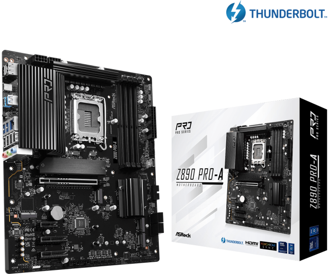 Дънна платка ASRock Z890 Pro-A, LGA1851, 4 x DDR5, PCIe 5.0, 1 x Blazing M.2 NVMe, 3 x Hyper M.2 NVMe, 4 x SATA3 6.0 Gb/s, HDMI, DP, ATX