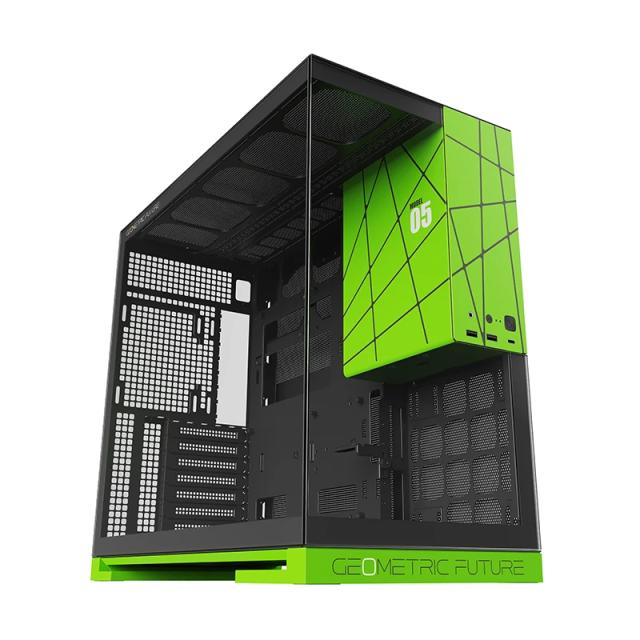 Кутия Geometric Future Model 5 Black/Green, Middle Tower, 1 x USB 3.2 Gen 2 Type-C, 2 x USB 3.0, HD Audio x 1, EATX / ATX / mATX / Mini-ITX